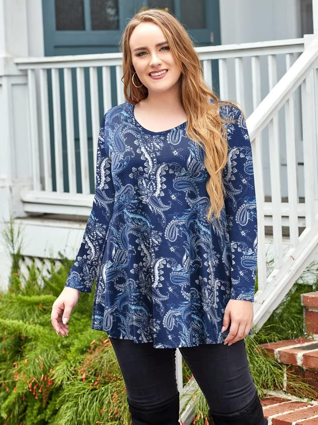 Long Sleeve Tunics Tops plus Size for Women V Neck Loose Fit Flowy Clothing for Leggings