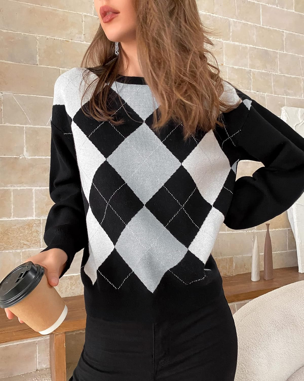 Women/Teen Girls Trendy Argyle Plaid/Heart Knitted Sweater Pullover Long Sleeve Soft Stretchy Winter Valentine