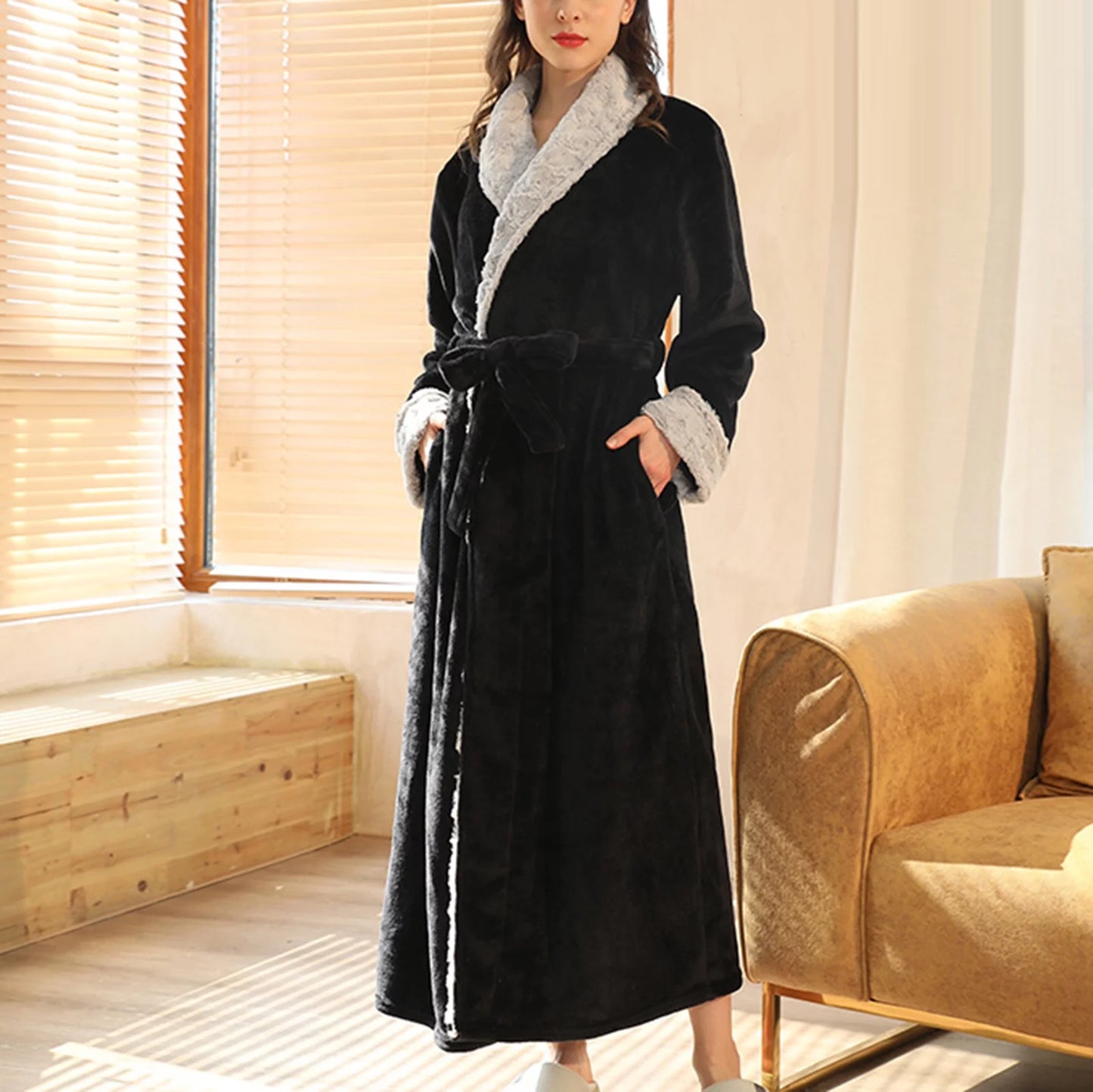 Women'S Soft Plush Fleece Shawl Collar Kimono Bathrobe, Full Length Long Winter Warm Flannel Lounge Spa Robes House Coat Pajamas Loungewear with Pockets