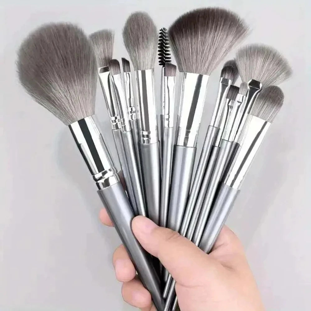 14Pcs Silver Makeup Brushes Set Powder Grey Blush Concealer Foundation Eyeshadow Eyeliner Eye Cosmetics Face Beauty Tools