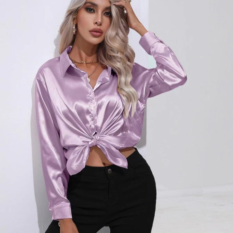 Long Sleeve Button-Down Satin Blouse