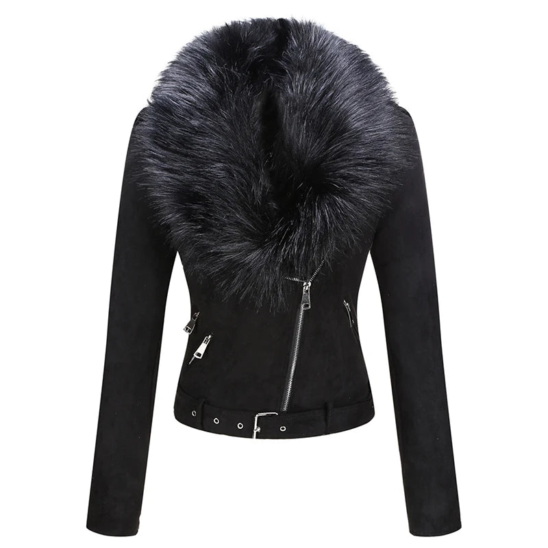 Spring Winter Women Thick Warm Faux Suede Leather Jacket Short Coat with Belt Detachable Faux Fur Collar Jacket Outwear