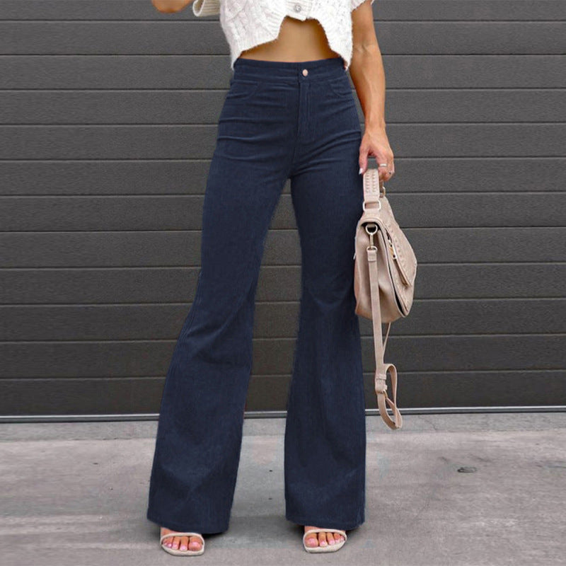 Women's spring new solid color corduroy casual pants high waist temperament micro cropped pants long button