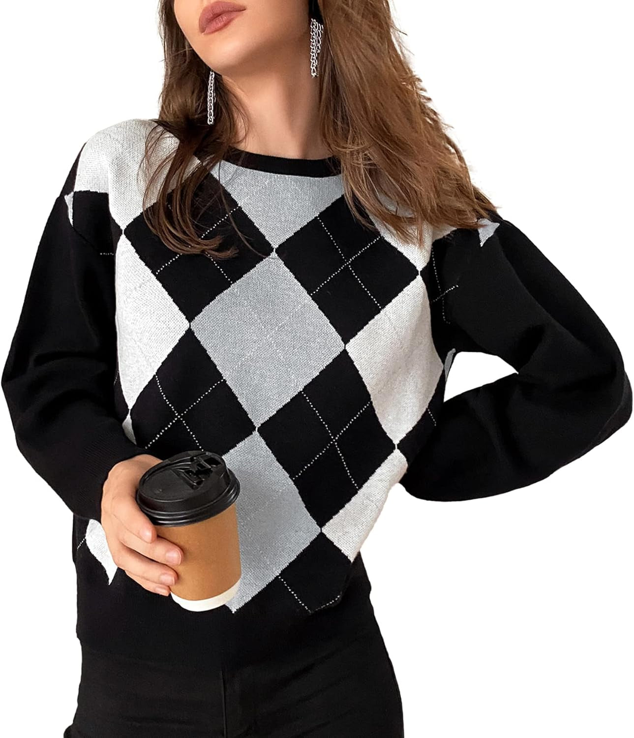 Women/Teen Girls Trendy Argyle Plaid/Heart Knitted Sweater Pullover Long Sleeve Soft Stretchy Winter Valentine