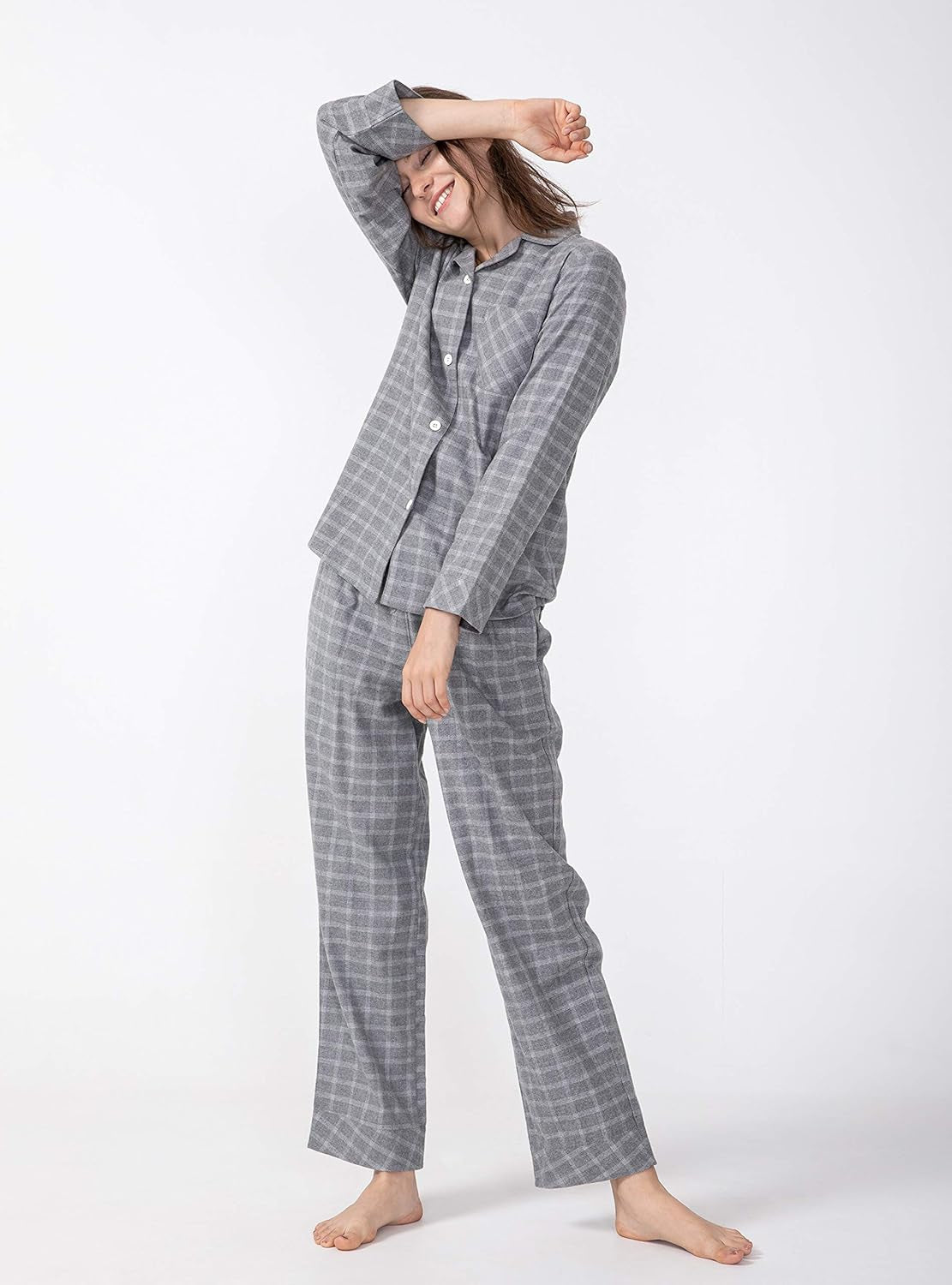 Women Cotton Pajamas Set with Flat Collar Long Sleeve Soft Ladies Pjs with Chest Pocket Tencel Rayon Sleepwear S-XL