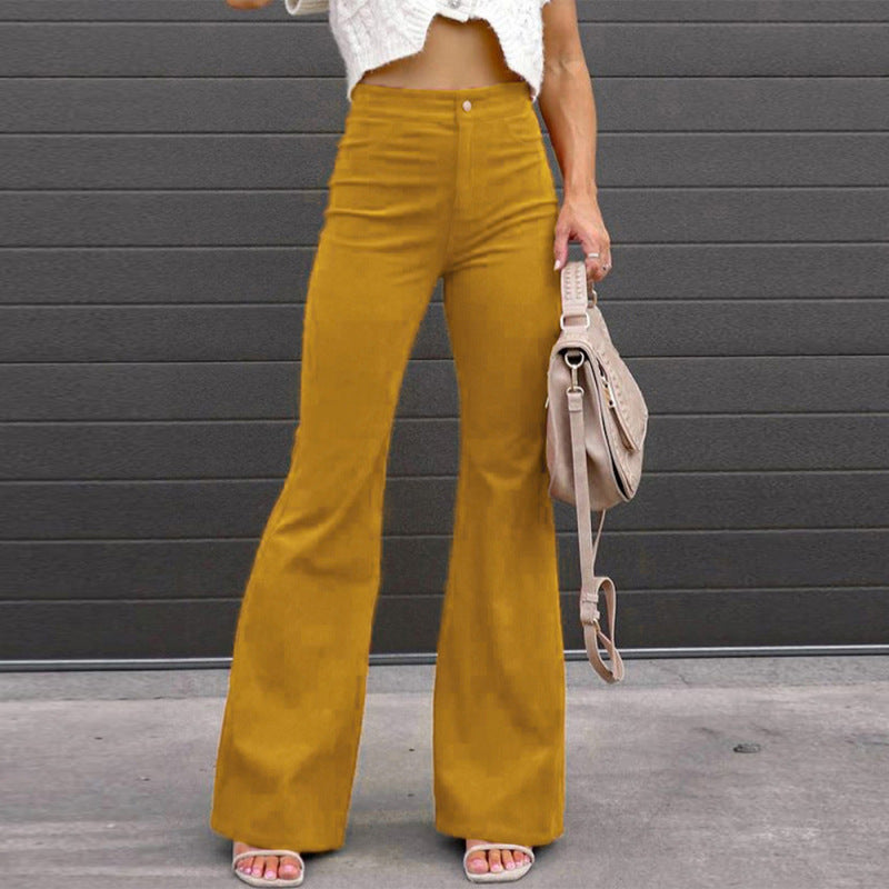 Women's spring new solid color corduroy casual pants high waist temperament micro cropped pants long button