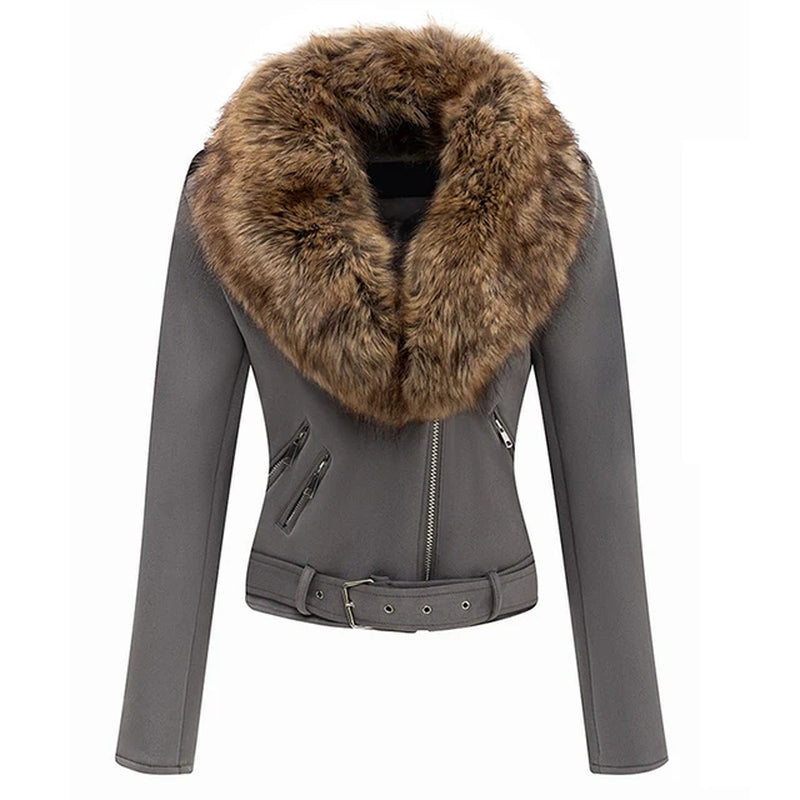 Spring Winter Women Thick Warm Faux Suede Leather Jacket Short Coat with Belt Detachable Faux Fur Collar Jacket Outwear