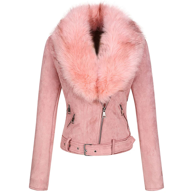 Spring Winter Women Thick Warm Faux Suede Leather Jacket Short Coat with Belt Detachable Faux Fur Collar Jacket Outwear