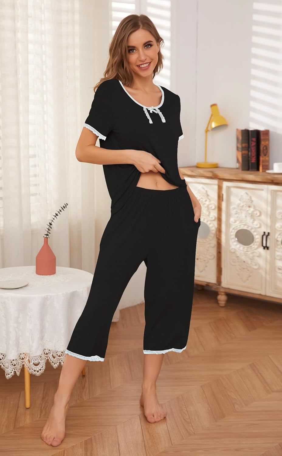 Short Sleeve Pajama Set for Women Pjs for Women Capri Pajamas for Women Loungewear,S-Xxl