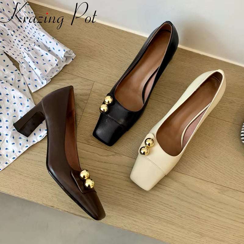 Comfortable Cow Leather Shallow Square Toe Spring Shoes High Heels Slip on Brand Elegant Office Lady Women Pumps L21