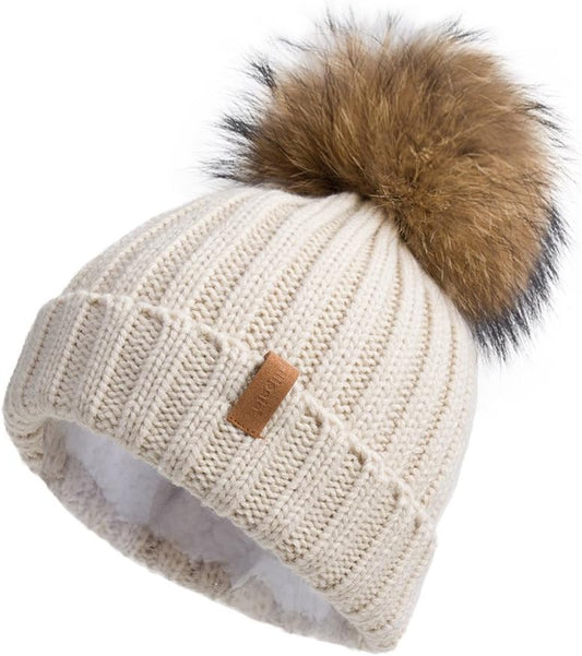 Womens Knit Beanies Hats with Fur Pom Bobble Hat Skull Cap Cable Beanie for Women