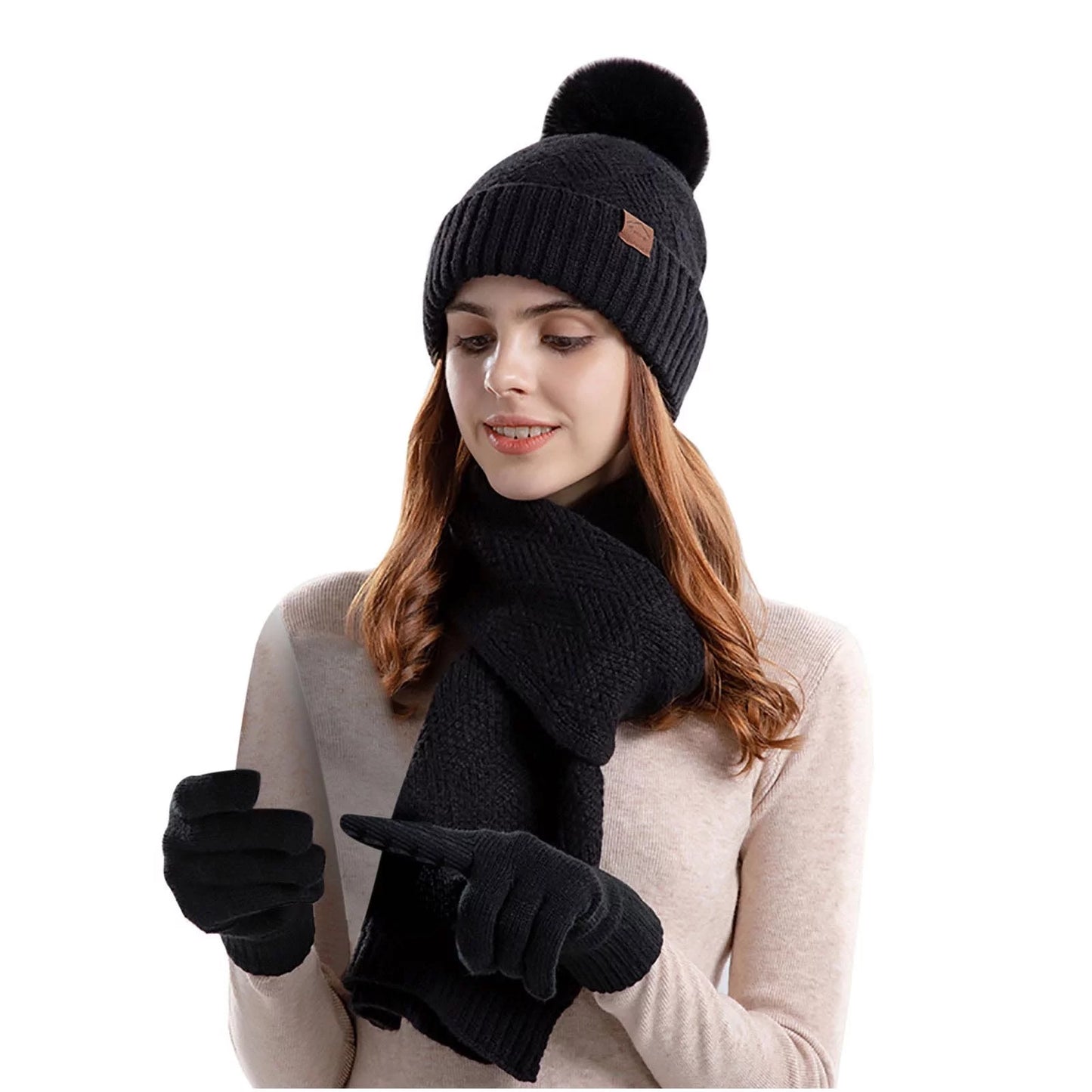 Hot Sale！Hat Scarf and Gloves Set for Women,Winter Warm Scarfs,Gloves,Hat Combo for Women,Knitting Beanie Hat,Infinity Scarf,Touch Screen Lined Matching Gloves Set for Women