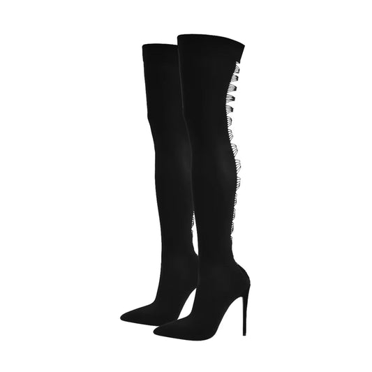 Women'S Boots Pointed Toe Black over the Knee Thigh High Stiletto Stretch Sock Sexy Fashion Stocking Sexy Long Boots