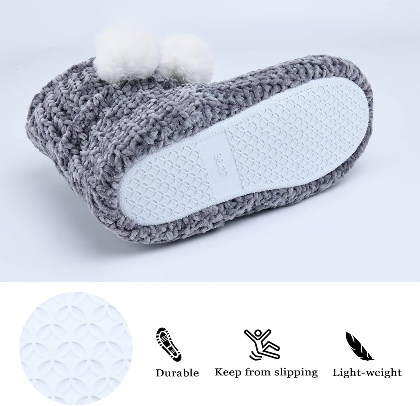 Chenille Knit Womens Bootie Slippers with Cute Pom Pom,Comfy Winter Warm Plush Lining House Shoes,Indoor Boot Slippers for Women