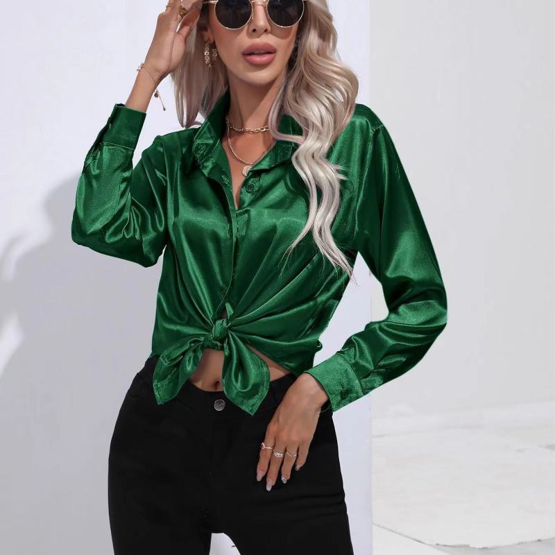 Long Sleeve Button-Down Satin Blouse