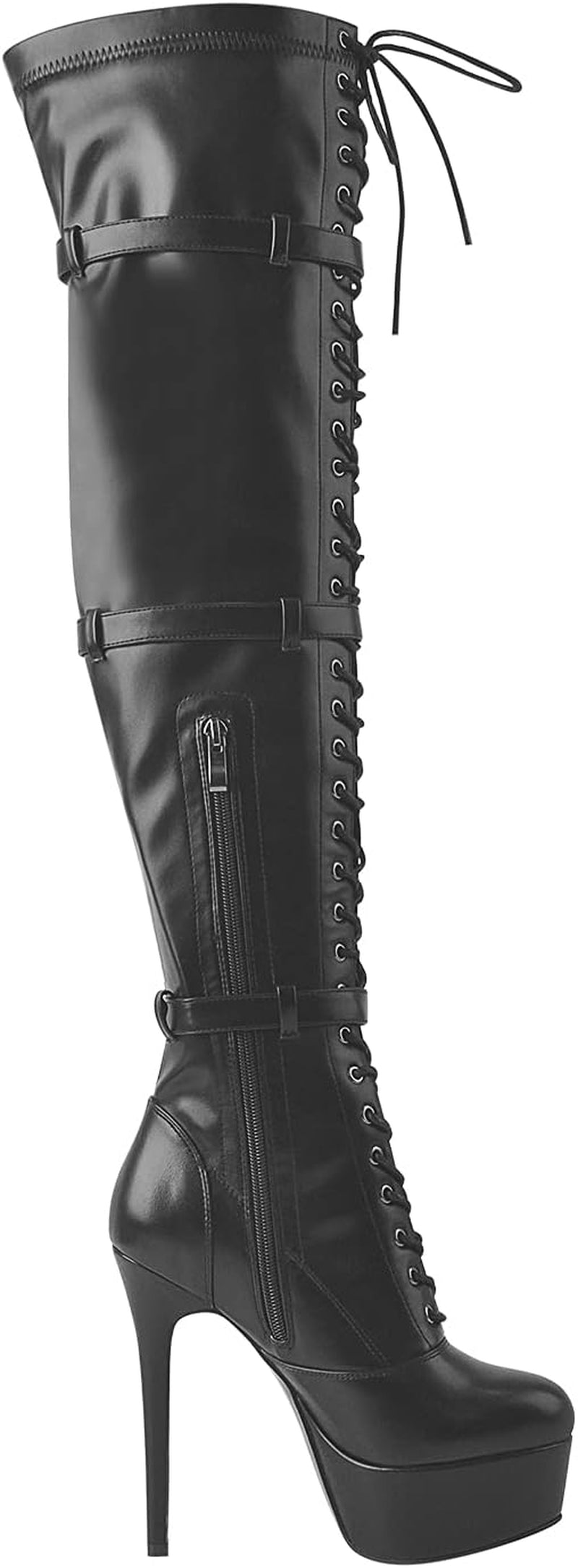 Women'S Stiletto Platform Thigh High Booties Close Toe Side Zippers and Front Lace up PU Leather Buckle Belts Grommets Boots for Cosplay Parties Black Shoes Size 11