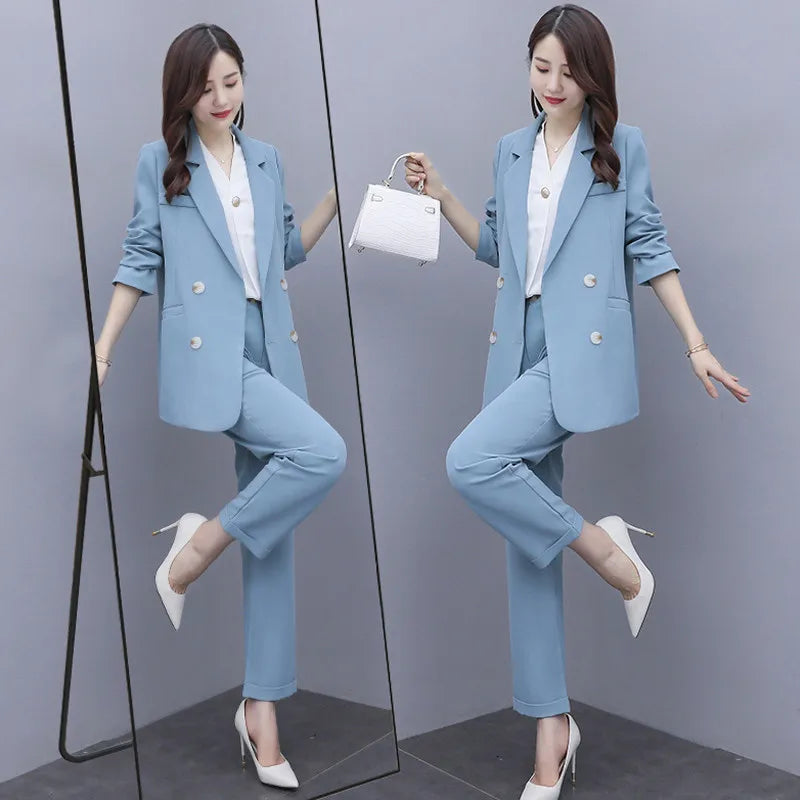 Spring Autumn Women'S Suits New Solid Korean Blazer Jacket Coat and Trousers Two Piece Female Office Suit Pants Set Clothes 2XL