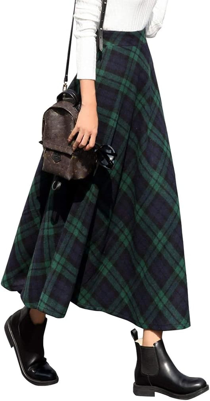 Long Plaid Wool Skirt for Womens Winter Fall High Elastic Waist a Line Flared Pleated Wool Skirts