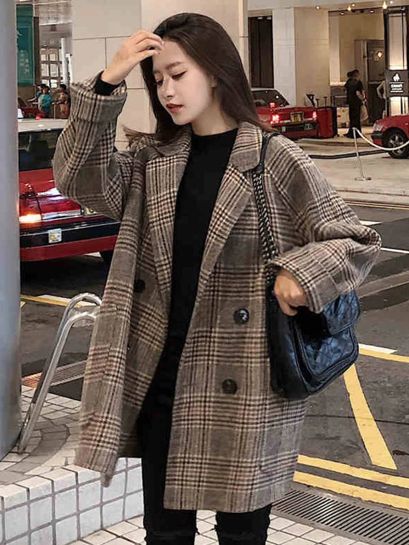 Loose Plaid Woolen Coat for Women Fashion Lapel Slim Women'S Jackets 2020 Korean Women'S Autumn Coat Woman Clothing