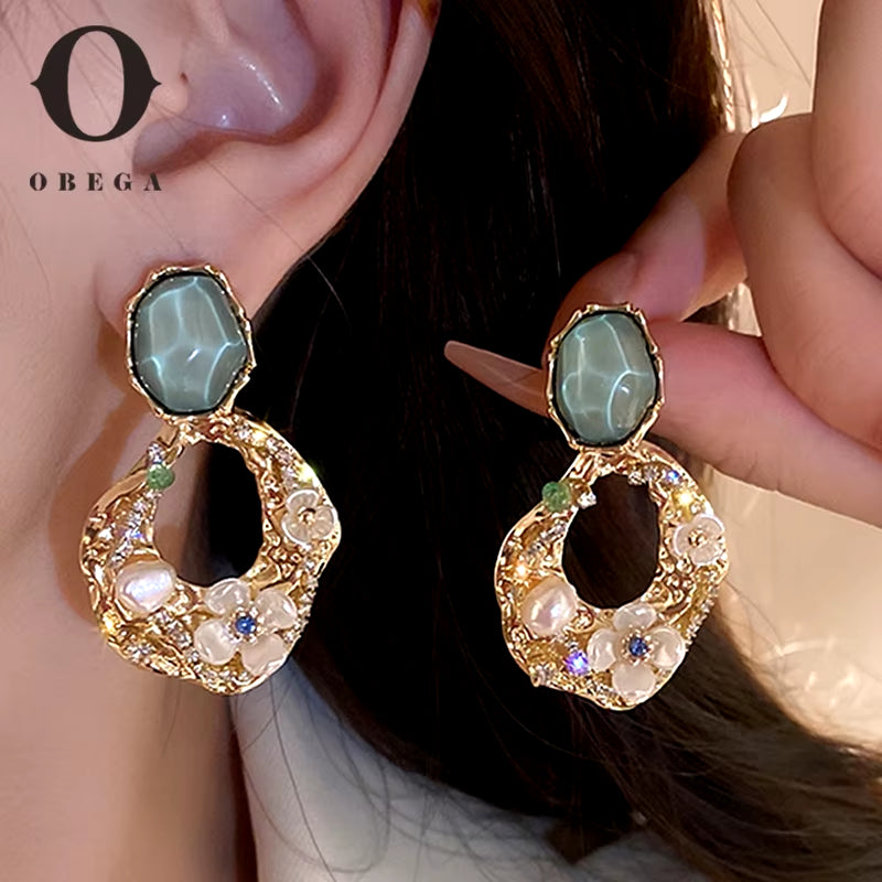 Aesthetic Zircon Flower Hanging Earrings for Women Gold Color Big Drop Women'S Earrings Party 2023 Trending Jewelry Gift