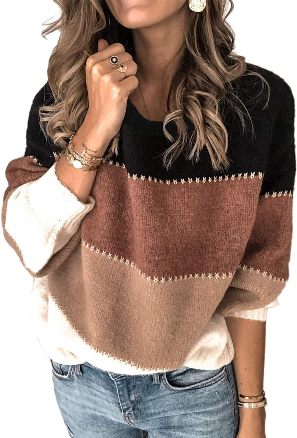 Women'S Sweaters Casual Long Sleeve Crewneck Color Block Patchwork Pullover Knit Sweater Tops