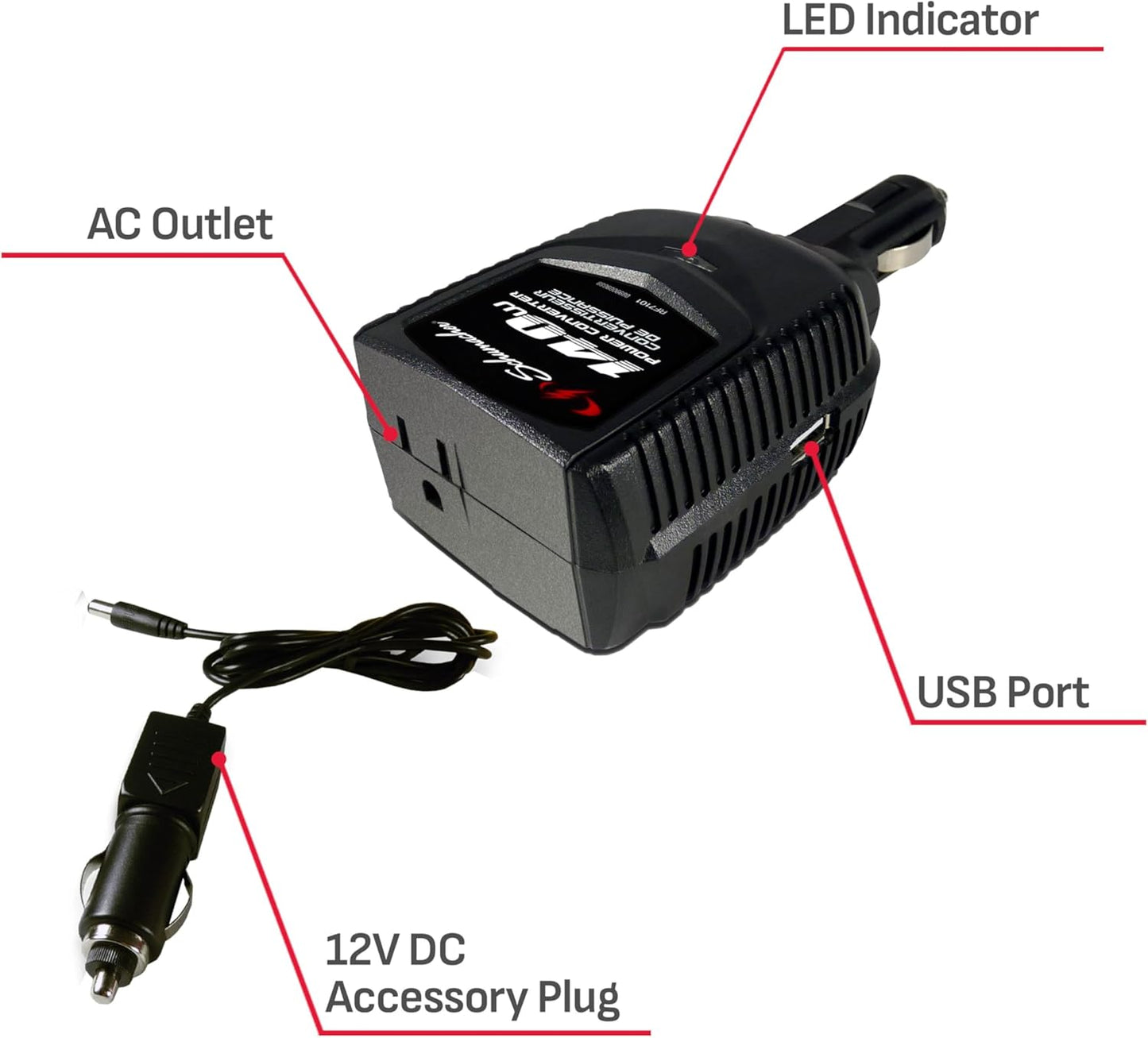 Schumacher XI14 DC to AC Power Converter for Cars, 140W/280W Peak, AC/USB for Converting Vehicle Power to Household Power for Camping and Tailgating , Black