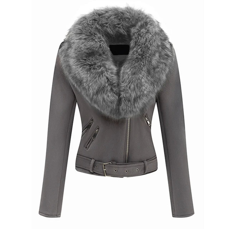 Spring Winter Women Thick Warm Faux Suede Leather Jacket Short Coat with Belt Detachable Faux Fur Collar Jacket Outwear