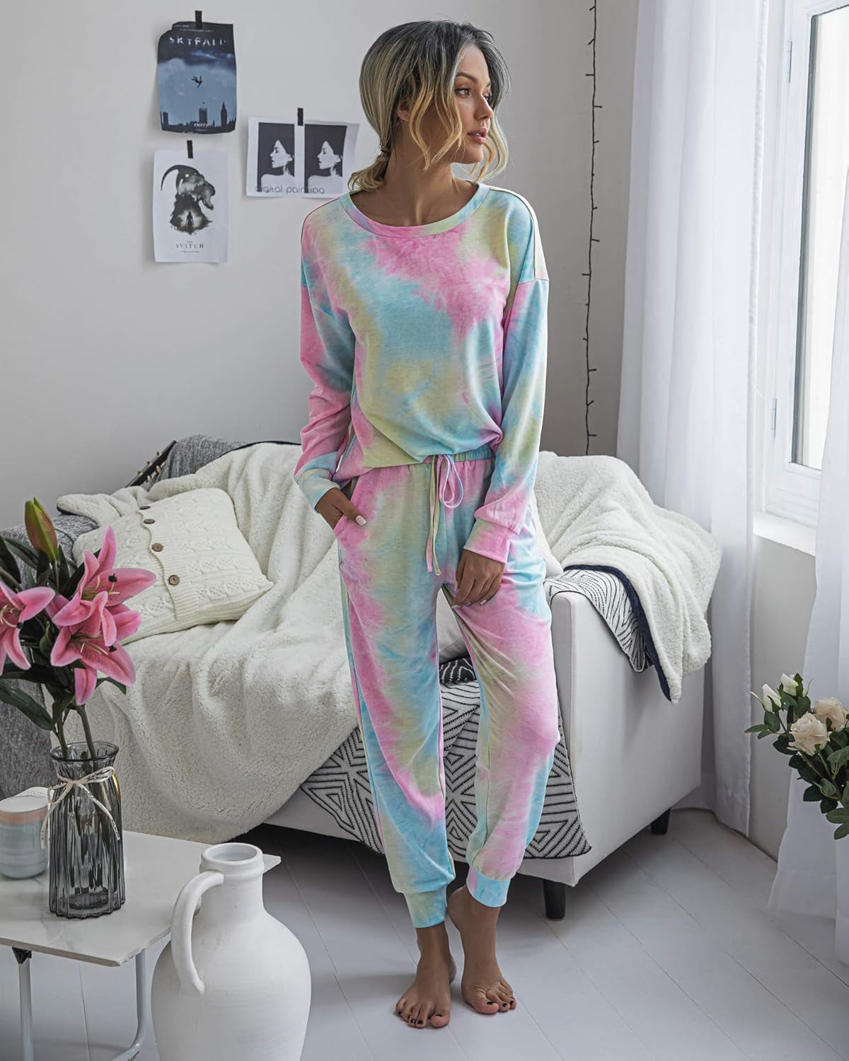 Women'S Pajama Set Long Sleeve Tops and Shorts PJ Set Sleepwear Night Shirt Loungewear with Pockets