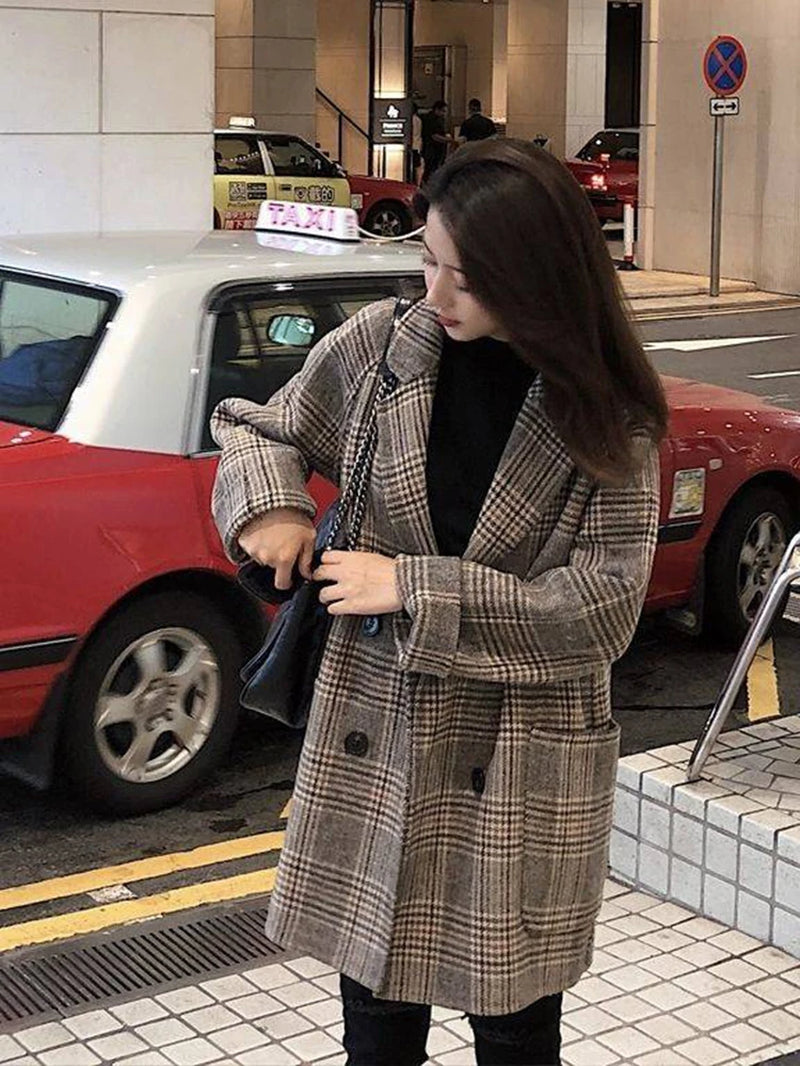 Loose Plaid Woolen Coat for Women Fashion Lapel Slim Women'S Jackets 2020 Korean Women'S Autumn Coat Woman Clothing