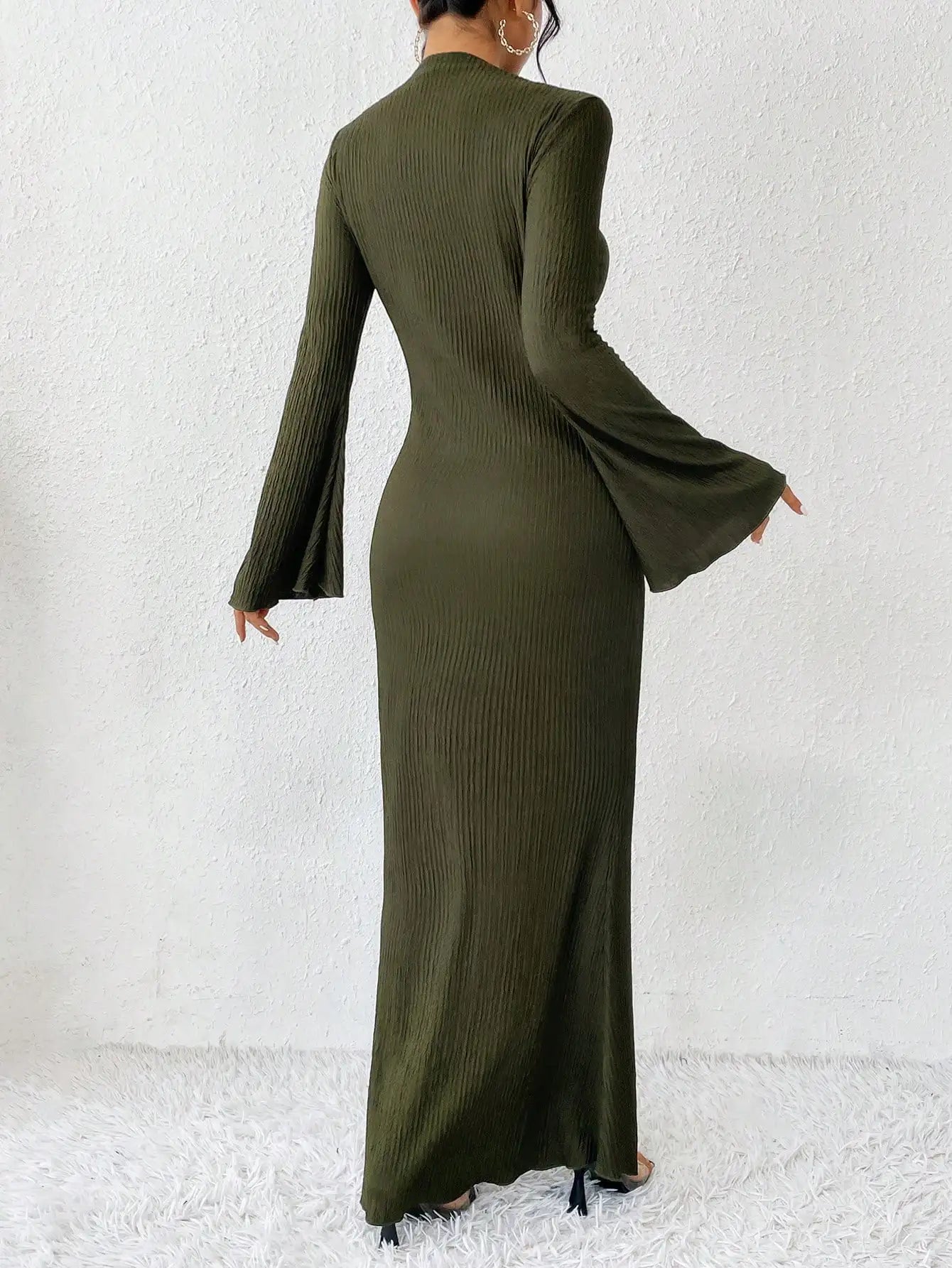 Solid Flare Sleeve Mermaid Dress, Elegant Crew Neck Floor Length Slim Dress, Women'S Clothing