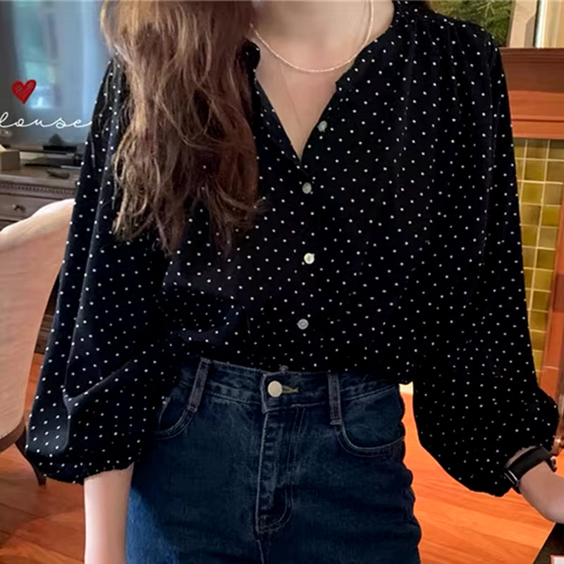 BL3061 New 2023 Fashionable Elegant Office Lady Buttons Oversize Dot Korean Style Wild Spring Summer Women'S Blouses Shirts Tops