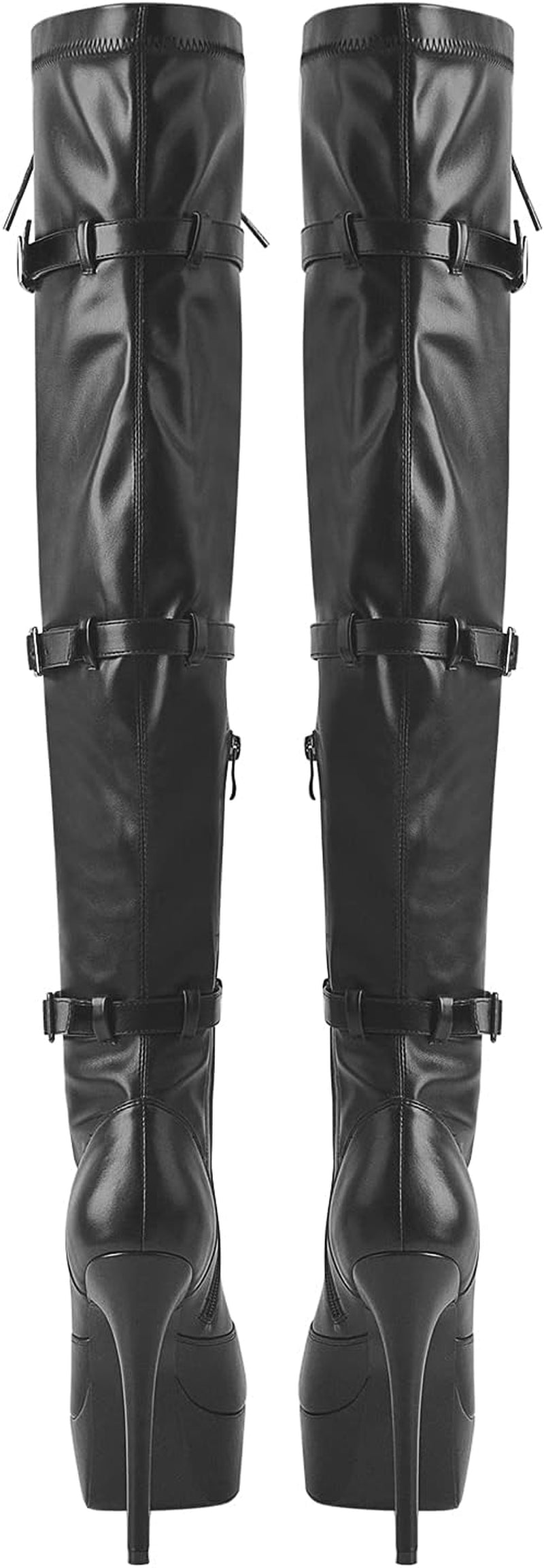 Women'S Stiletto Platform Thigh High Booties Close Toe Side Zippers and Front Lace up PU Leather Buckle Belts Grommets Boots for Cosplay Parties Black Shoes Size 11