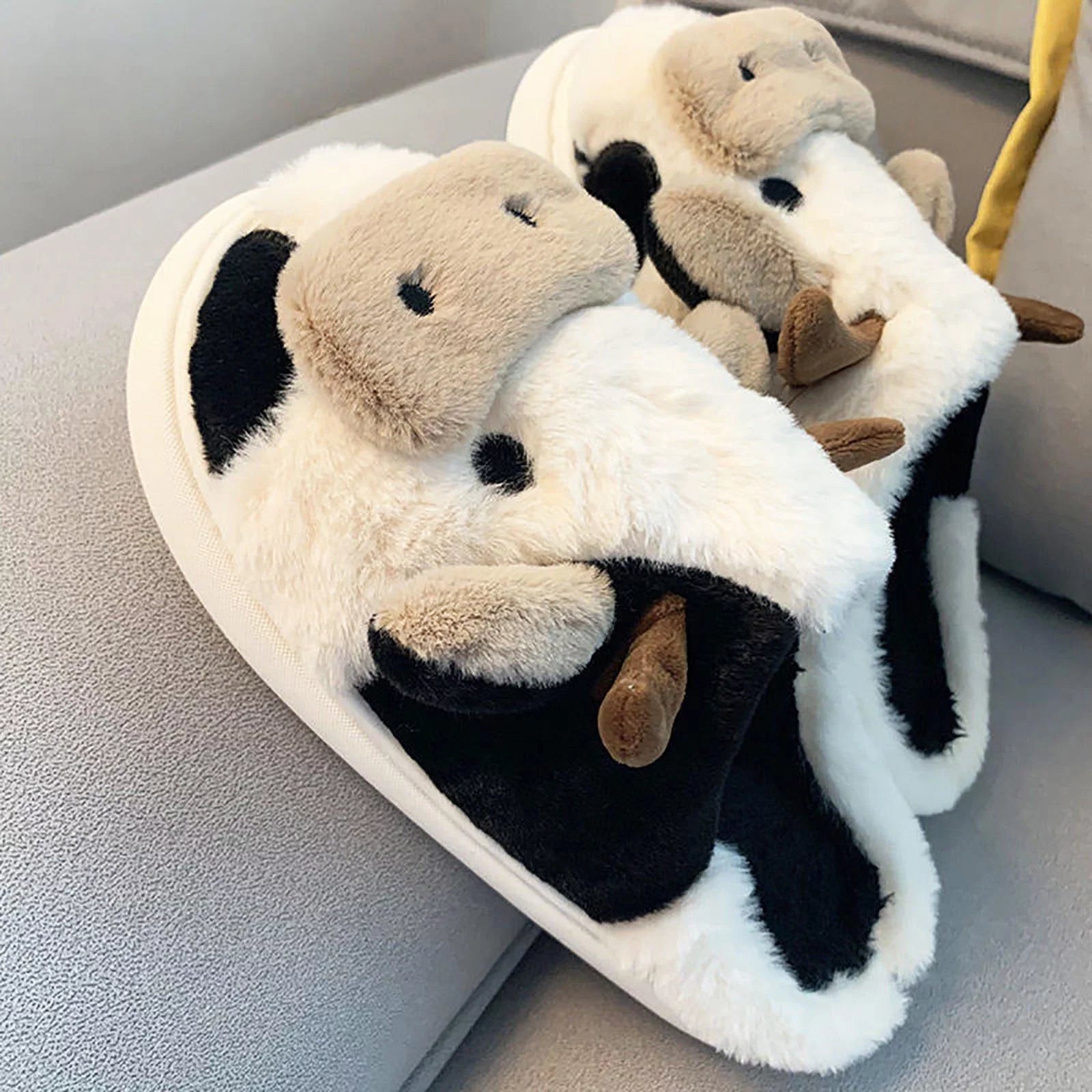 Womens Booties and Ankle Boots- Cartoon Cow Cotton Slippers Winter Indoor Outdoor Slippers White 36