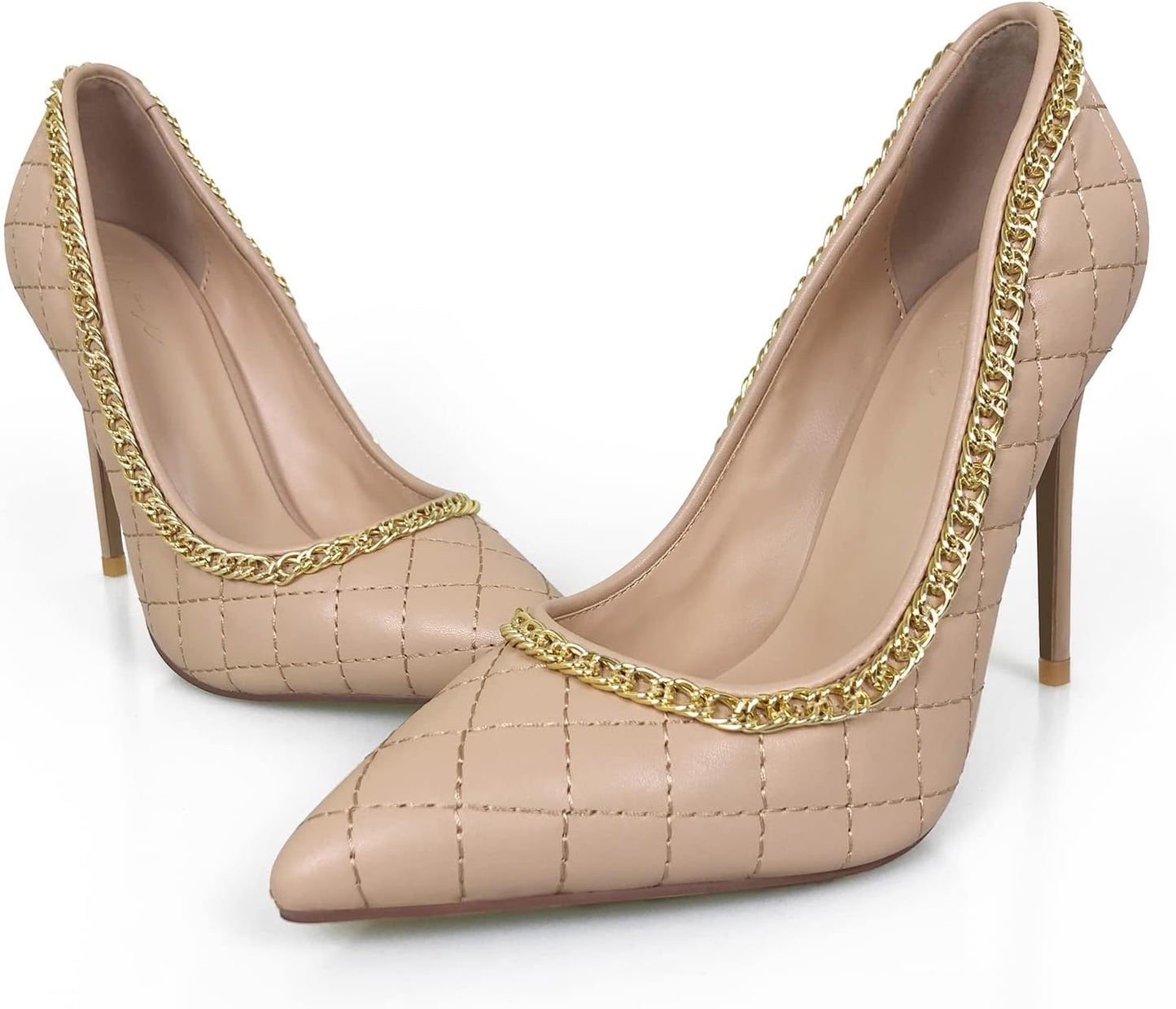 Women'S Pumps High Heels Pointed Toe Slip on Stiletto Heels 11Cm Pleated Cushioned Upper with Gold Chain(Nude, Numeric_8)