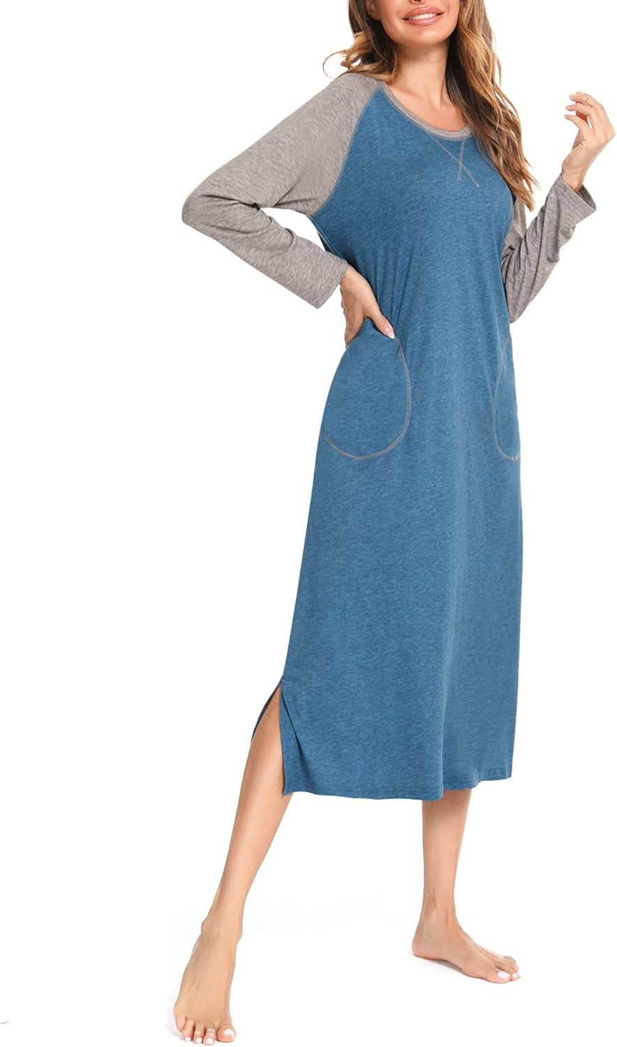 Women'S Long Sleeve O-Neck Nightgown Soft Sleeping Shirts Loungewear Nightshirts