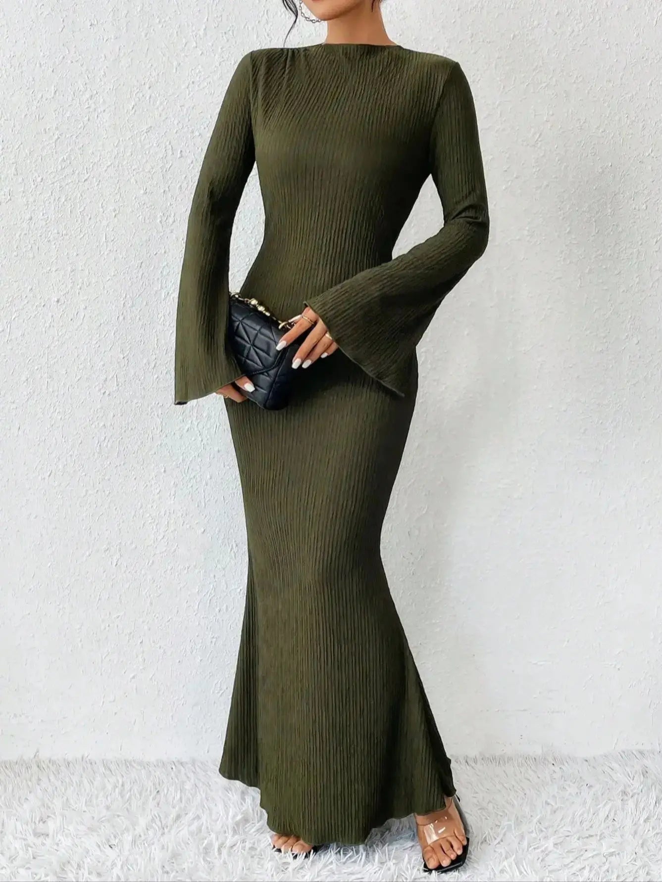 Solid Flare Sleeve Mermaid Dress, Elegant Crew Neck Floor Length Slim Dress, Women'S Clothing