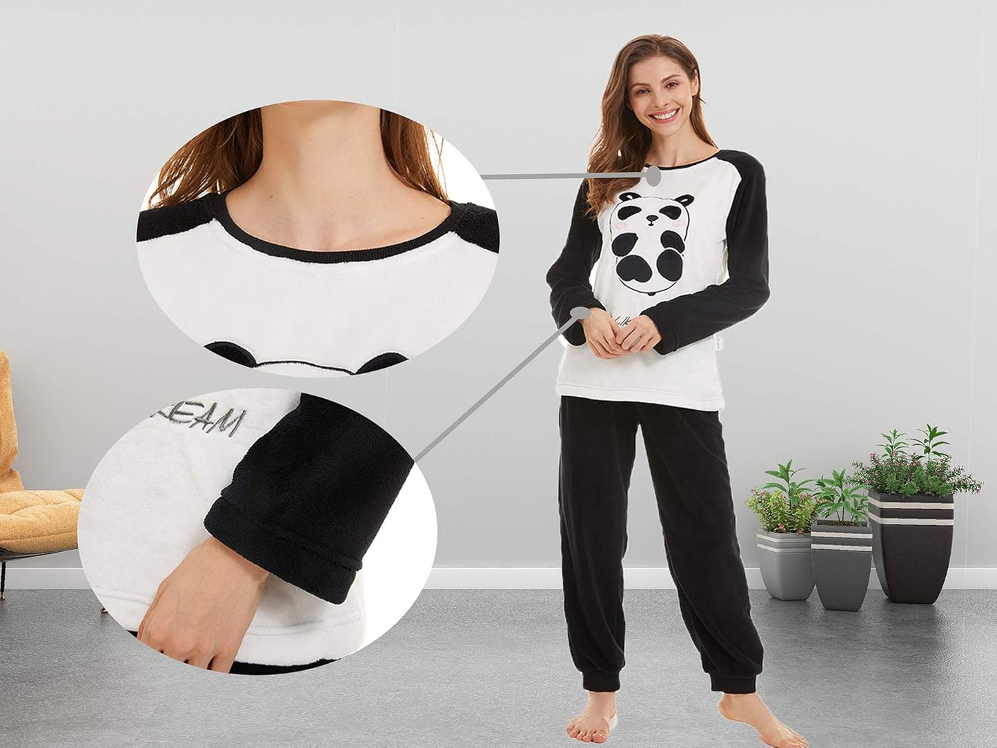 Women Pajamas Set，Warm Pajamas Women Set,Long Sleeve Sleepwear with Long Pants 2 Piece Loungewear with Pockets Soft Pj Sets… (Black Panda, Medium)