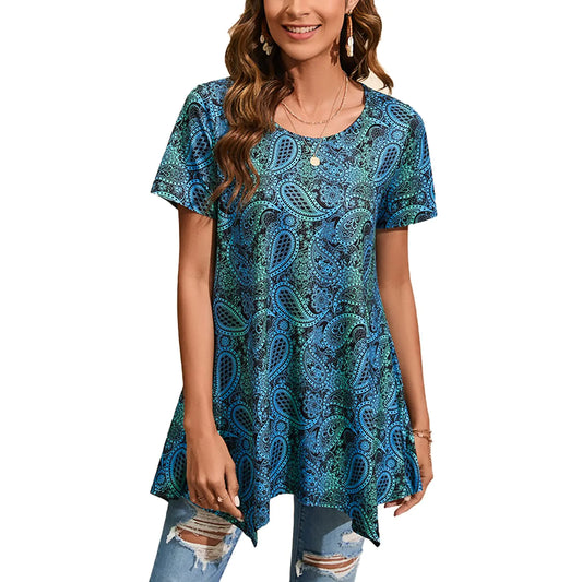 ENMAIN Tunic Tops for Women Plus Size Short Sleeve Top Loose Fit Dressy Casual Swing Summer Tops to Wear with Leggings Blue&green X-Large