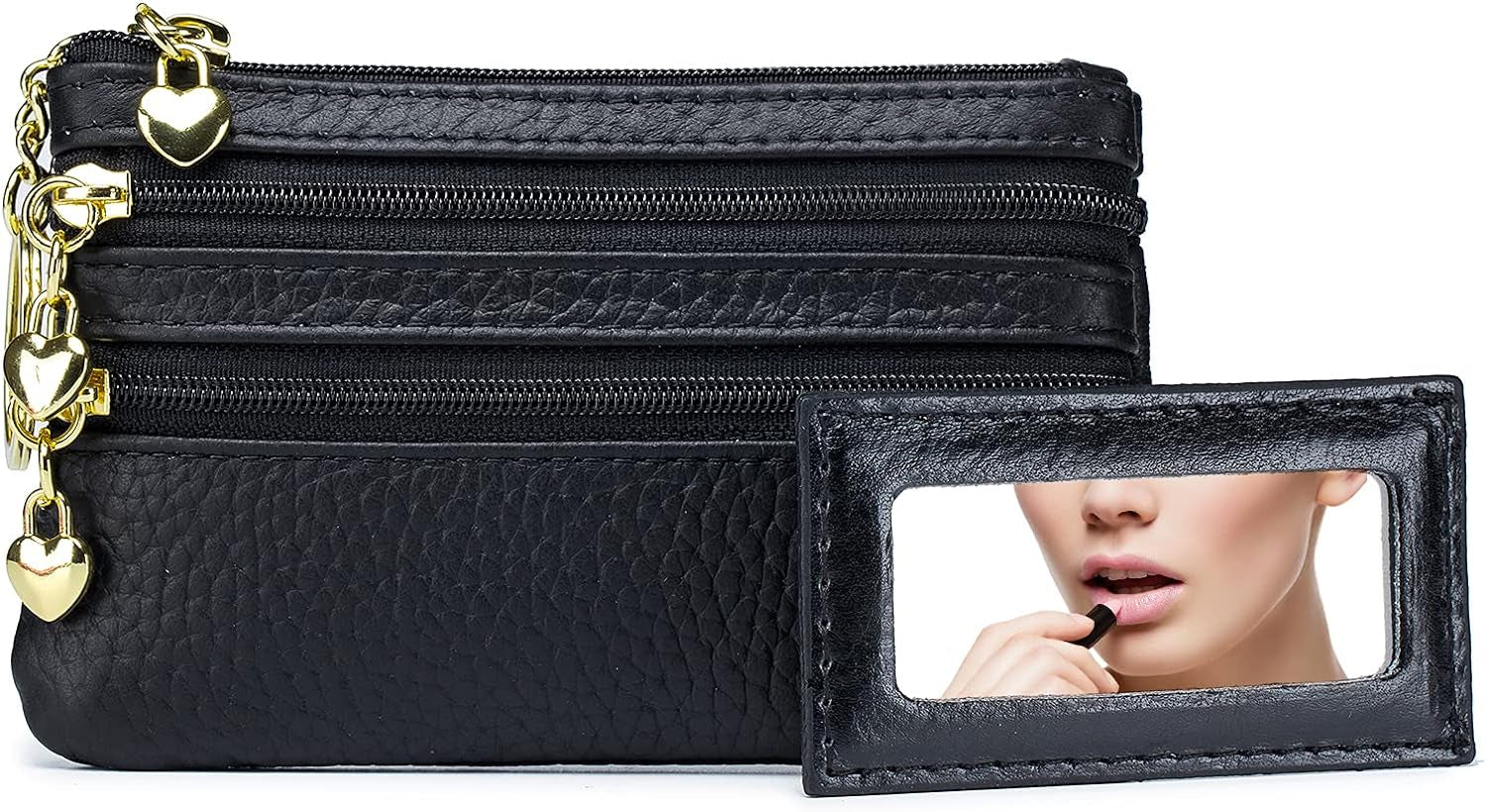 Leather Coin Keychain Purse for Women, Small Change Purse for Coins, Coin Pouch Wallet with 4 Zippered Pockets (Black)