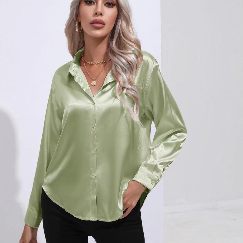 Long Sleeve Button-Down Satin Blouse