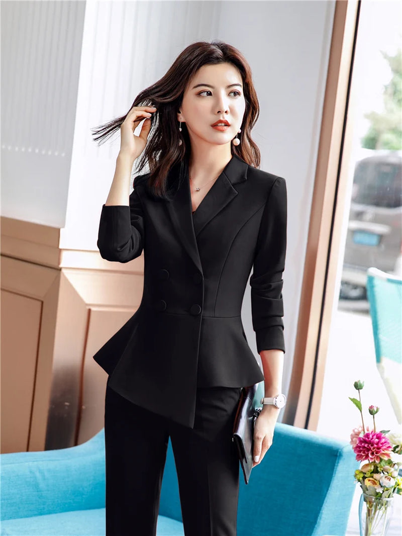 Women Red Blazer Slim Spring Autumn New Elegant Office Lady Work Suit Ruffled Double Breasted Blazer Solid