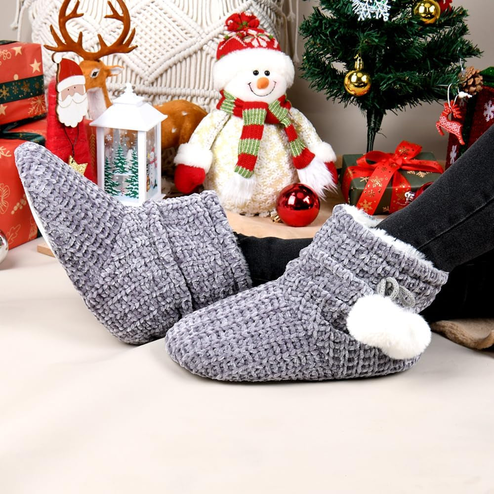 Chenille Knit Womens Bootie Slippers with Cute Pom Pom,Comfy Winter Warm Plush Lining House Shoes,Indoor Boot Slippers for Women