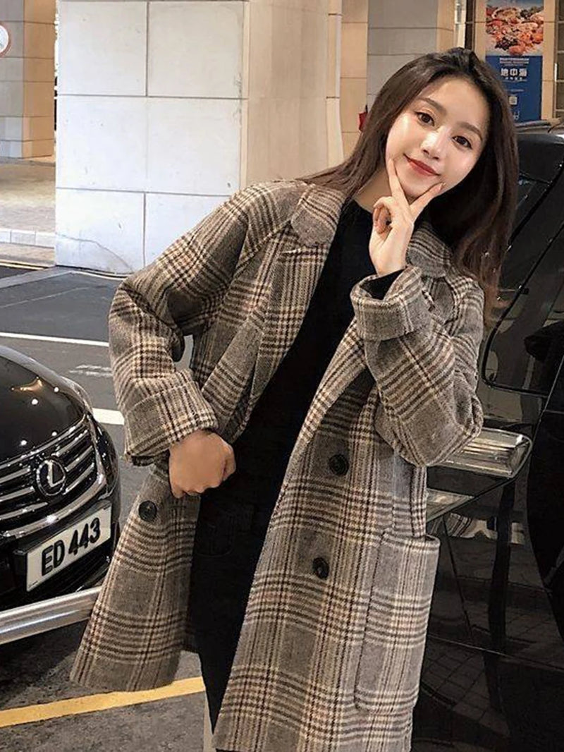 Loose Plaid Woolen Coat for Women Fashion Lapel Slim Women'S Jackets 2020 Korean Women'S Autumn Coat Woman Clothing