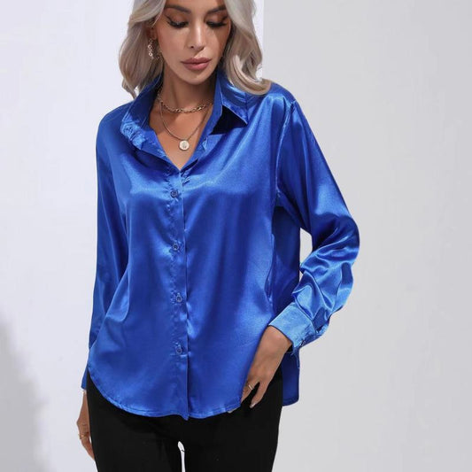 Long Sleeve Button-Down Satin Blouse