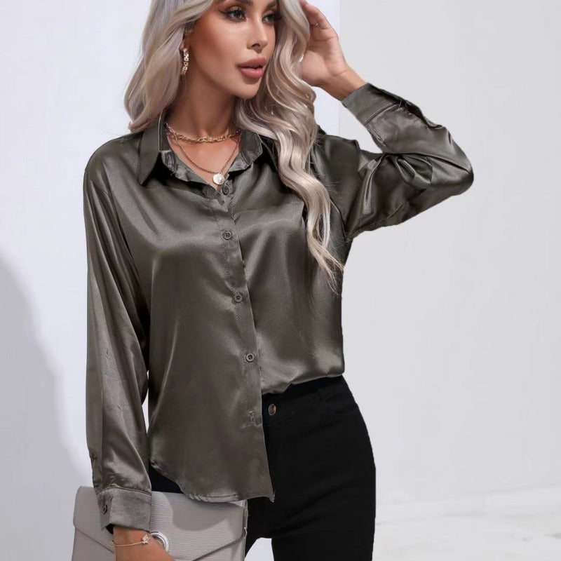 Long Sleeve Button-Down Satin Blouse