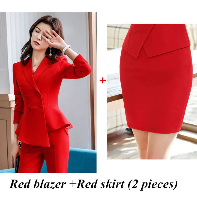 Women Red Blazer Slim Spring Autumn New Elegant Office Lady Work Suit Ruffled Double Breasted Blazer Solid