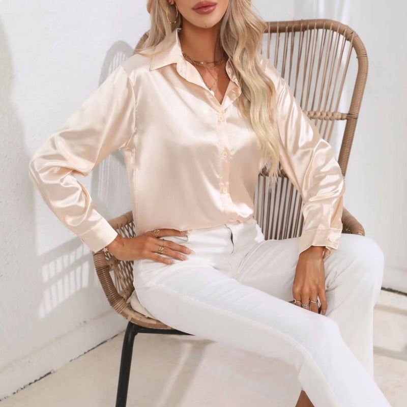 Long Sleeve Button-Down Satin Blouse