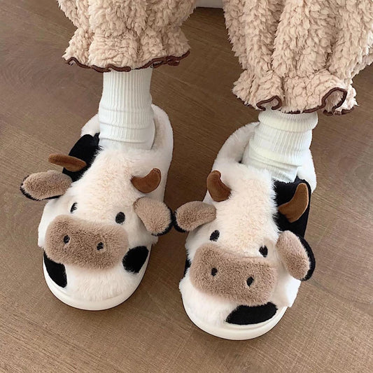 Womens Booties and Ankle Boots- Cartoon Cow Cotton Slippers Winter Indoor Outdoor Slippers White 36