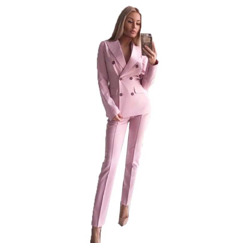 Women'S Suits Notched Collar Buttons Design Jacket and Mid Lined Trousers OL Sets