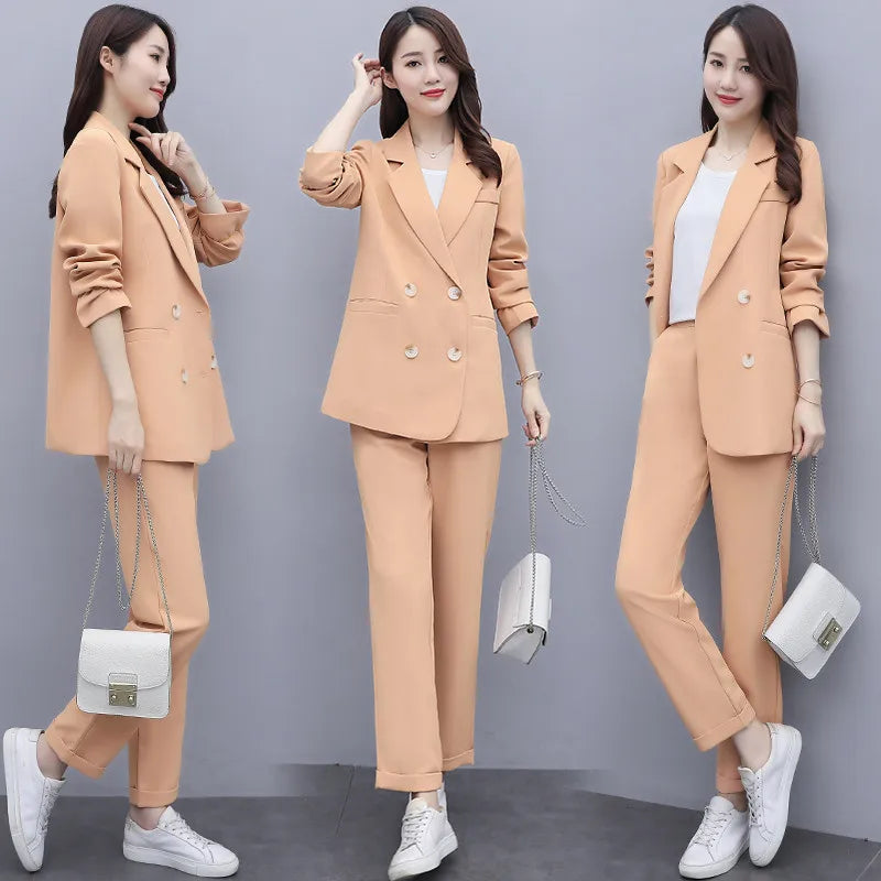 Spring Autumn Women'S Suits New Solid Korean Blazer Jacket Coat and Trousers Two Piece Female Office Suit Pants Set Clothes 2XL